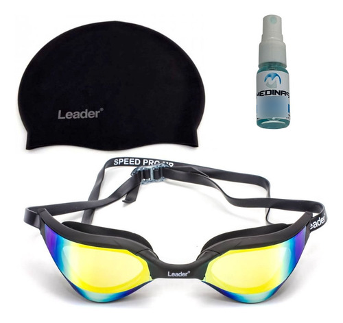 Kit Óculos Natação Speed Pro + Touca Leader + Cor Preto