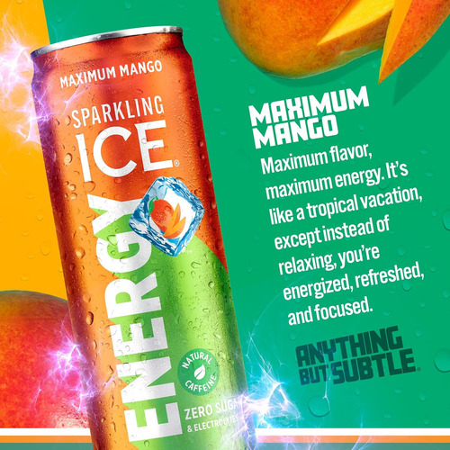 Sparkling Ice +energy Maximum Mango 12pk. Bebidas Energética