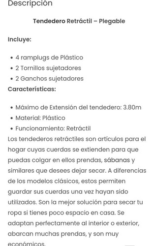 Imagen 8 de 9 de Tendedero Retráctil Plegable Casa, Apartamento Entre Otros