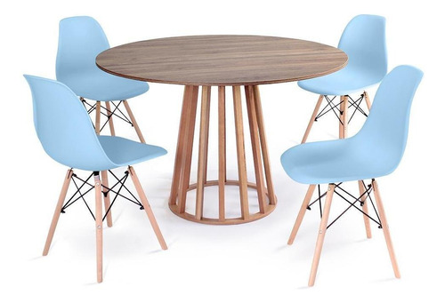 Mesa De Jantar Talia Natural 120cm + 4 Cadeiras Eames Eiffel Cor Azul-claro