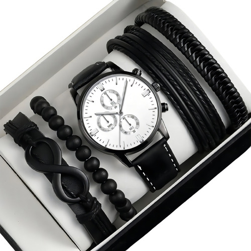 Relógio De Pulso Vinkin Kit Relógio E Acessórios Com Corria De Couro Cor Preto - Fondo Branco