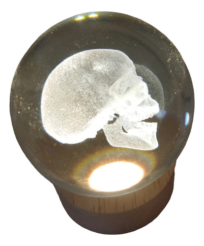 Enfeite Globo Caveira Cranio Luminoso 3d Base Led Madeira 