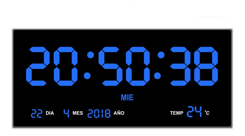 Reloj De Pared Digital Led Azul 36 X 15 Cm Calendario Termometro