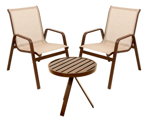 Conjunto De 2 Poltronas/cadeiras Com 1 Mesa Lateral Aluminio Estrutura Marrom Fosco
