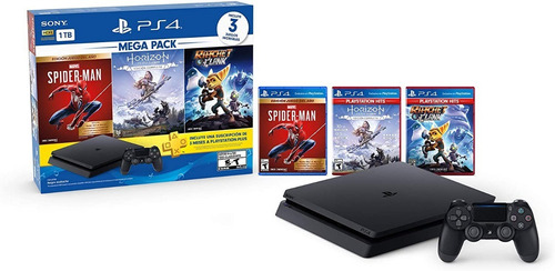 Sony PlayStation 4 Slim 1TB Mega Pack: Marvel's Spider-Man/Horizon Zero Dawn Complete Edition/Ratchet & Clank color  negro azabache