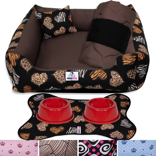 Kit Cama Caminha 4 Peças Para Cachorro - Tamanho M 60x60 Cor CORAÇÃO SAFARI