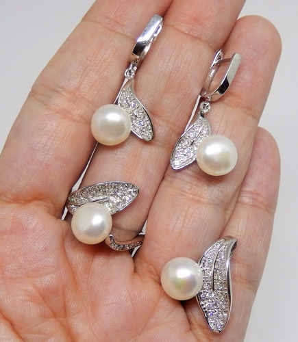 Conjunto Brincos Anel E Pingente Pérolas Em Prata 925