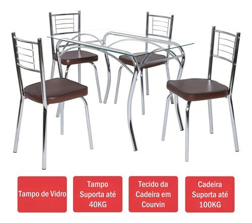 Mesa de comedor Lion Juliana de 4 plazas, color cromado/marrón, cubierta marrón, color cristal, pie de pie cromado
