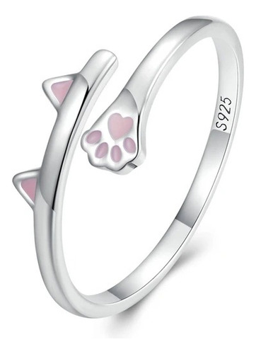 Anillo Ajustable Orejas Y Patita Gato Michi Plata Ley 925