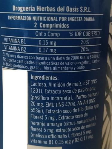 Suplemento Hierbas Del Oasis No Stress Tilo 60 Comprimidos