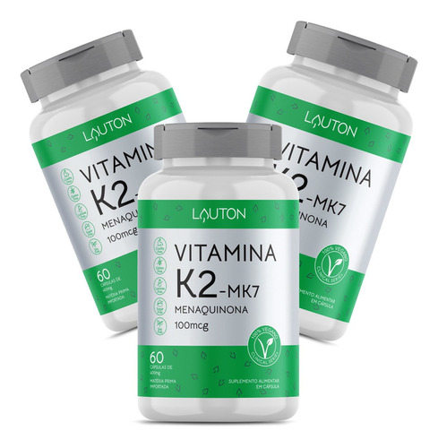 Vitamina K2 Mk7 Menaquinona 100mcg - 60 Caps Lauton - Kit 3 Sabor N/a