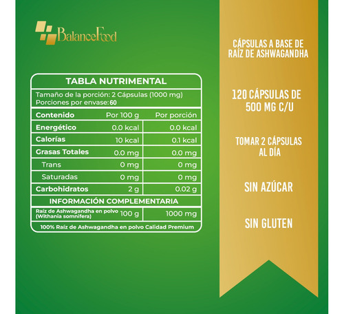 Ashwagandha Raíz 100% Pura 120 Caps Ksm-66 Premium Sin Sabor