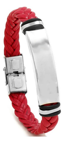 Pulsera Hombre Cuero Trenzado Rojo Acero Quirúrgico Grabado