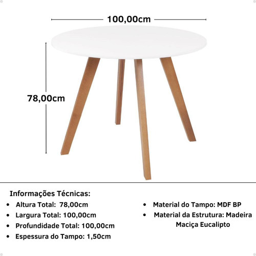 Mesa Inês 100cm Branca + 4 Cadeiras Eames Eiffel Cor Marrom