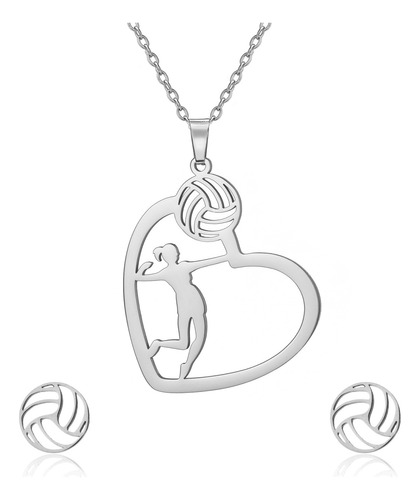 Set Collar Y Aretes Jugadora Balon Voleibol Acero Inoxidable Plateado