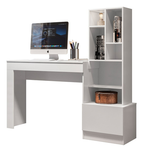 Mesa Escrivaninha Armário Lateral 1 Gav 149cm Lion B03 Bco Cor Branco