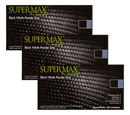 Luva Super Max Black Nitrilo - Kit 03 Caixas 300 Unidades