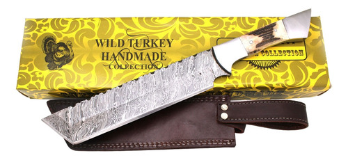 Cuchillo De Caza Wild Turkey Damasco Con Funda De Cuero