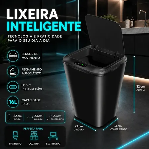 Lixeira Smart Inteligente 16 Litros Quadrada Sensor de Movimento Automático No Touch Preta