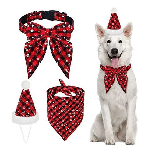 Peclot Christmas Dog Bandana Collar Bow Tie Hat Set, Tjvvw