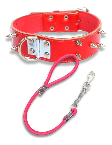 Coleira Para Pit Bull Couro Com Spike Coleira Spike + Guia Cor Vermelho