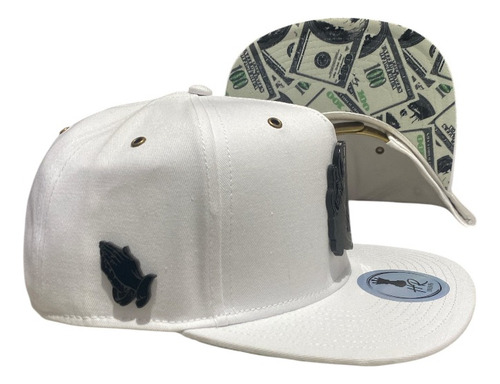 Gorra San Judas Premium Placa Negra Blanco Visera Plana Dollar Debajo Ajustable