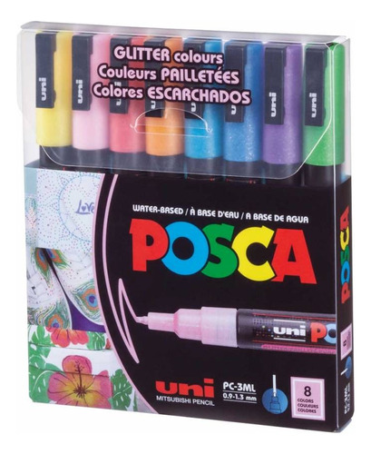 Marcadores Uni Posca 1.3mm. Set X8 Glitter Serviciopapelero