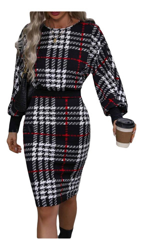 Vestido Ajustado Con Mangas Farol A Cuadros
