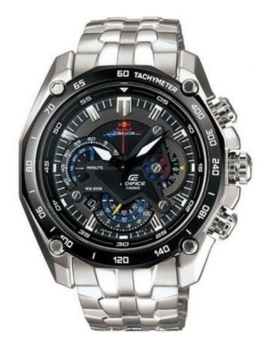 Reloj pulsera Casio Edifice EF-550 de cuerpo color plateado, analógica, para hombre, fondo negro, con correa de acero inoxidable color plateado, agujas color negro, rojo y amarillo, dial gris, subesferas color negro, minutero/segundero blanco, bisel color negro y desplegable