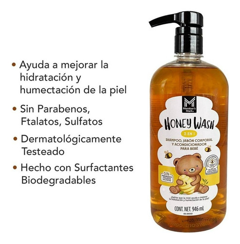 Honey Wash Shampoo, Jabón Corporal 3 En 1 Para Bebé 946 Ml