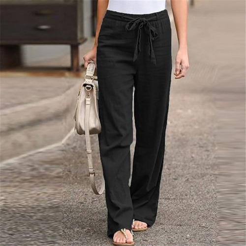 Pantalones De Mujer De Moda De Lino De Color Sólido Con Faja