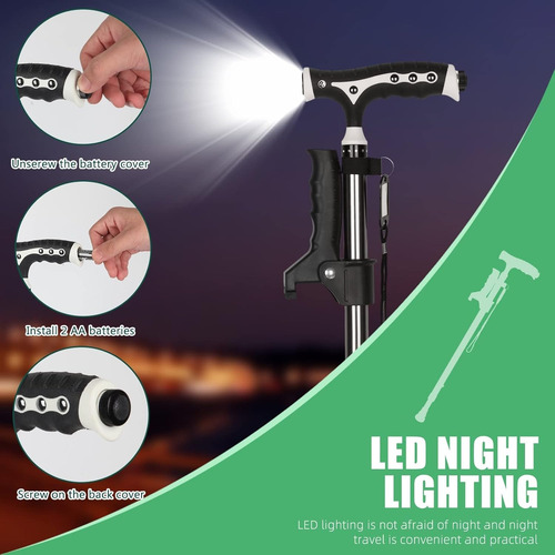 Bastón Para Caminar Plegable, Altura Ajustable Con Luz Led