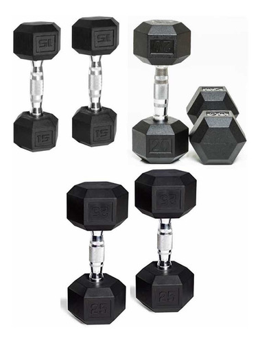 Set 6 Mancuernas Rubber Hex Dumbbell Pares 15lb 20lb 25lb