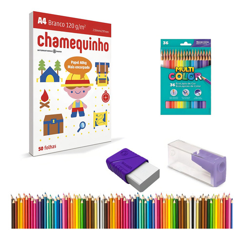 Kit Sulfite+borracha+lápis De Colorir Escrever+apontador Cor Branco