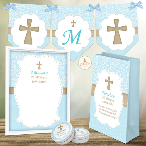 Kit Imprimible Comunión Celeste + Banner, Personalizado