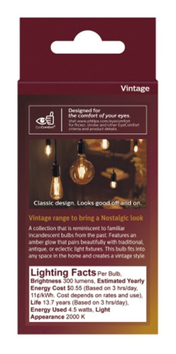 Foco Led Philips Vintage 4.5w Con Forma A19 Dimeable Cálida Color de la luz Blanco cálido