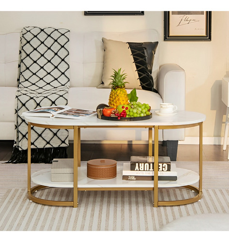 Mesa De Centro De Lujo 2 Niveles Estilo Mármol Brillante