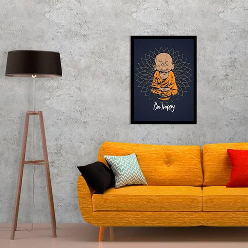 Quadro Decorativo Buda Baby Be Happy 34x23cm Moldura Branca