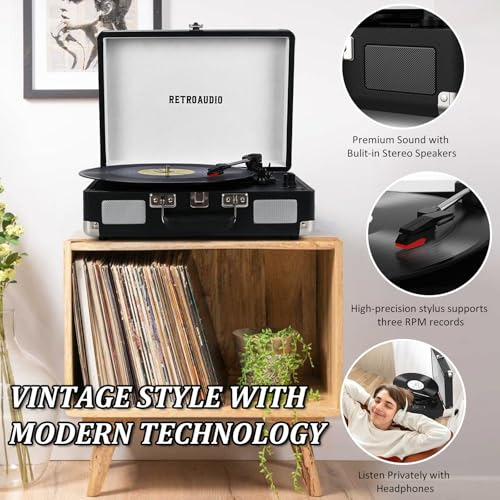Tocadiscos De Vinilo Portátil Con Bluetooth Y 3 Velocidades,