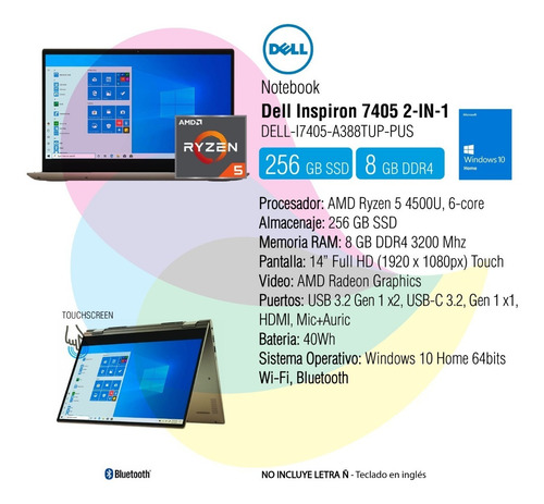 Imagen 2 de 10 de Notebook Dell Inspiron 7000 2-in-1 Touch R5- 8gb 256gb Ssd