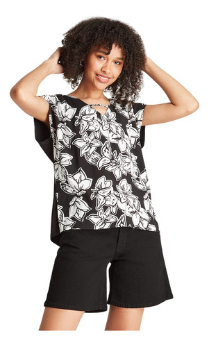 Polera Manga Corta Cuello V Mix Fabric - Negro