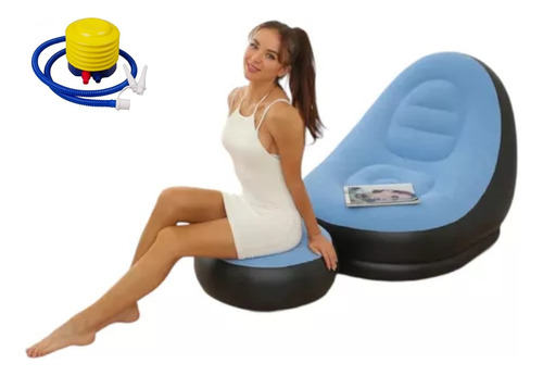 Sofa Puff Inflable Con Posapies Portatil - Celeste +inflador