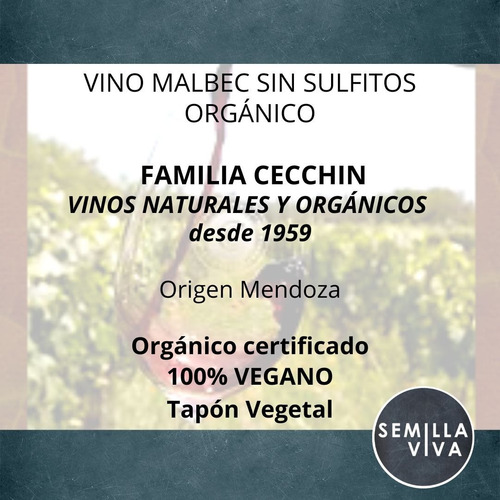 Imagen 3 de 10 de Vino Orgánico Malbec Familia Cecchin 6 X 750 Cc Sin Sulfitos