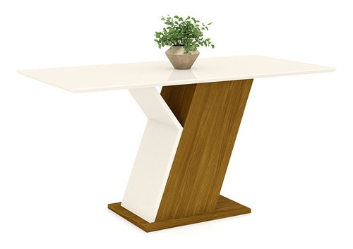 Conj Sala Jantar Mesa 160cm Tamp Mdf 6 Cadeira Zuri Casa 812 Cor Nature com Off White e Marrom Desenho do tecido das cadeiras Liso