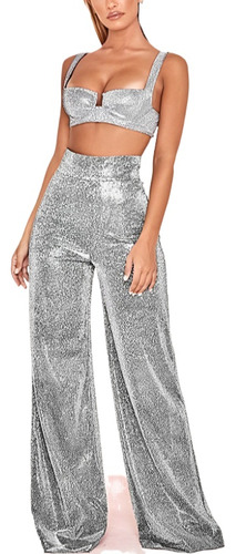 Hot Silver Wide Leg Pants High Waist Casual Pants