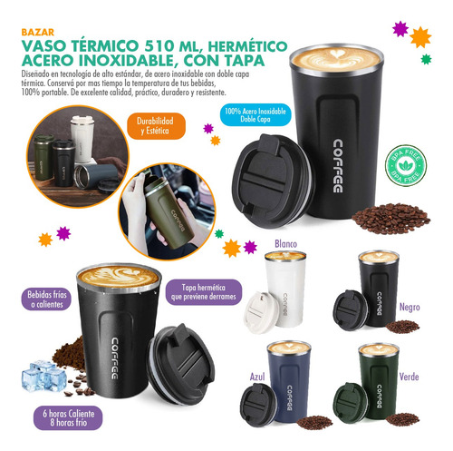 Vaso Térmico Café, 510 Ml Hermético Acero Inox, C/tapa 13600 Negro