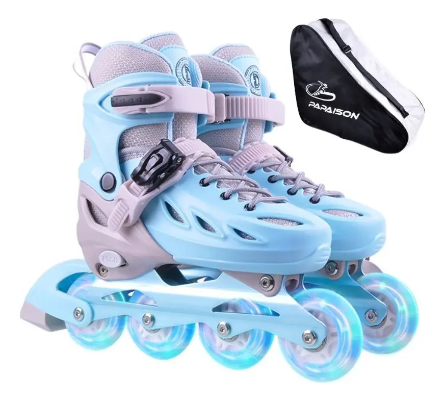Patines En Linea Extensibles Ruedas Luces Led Niñas Niños Large 24cm A 26.5cm 70 Mm Celeste