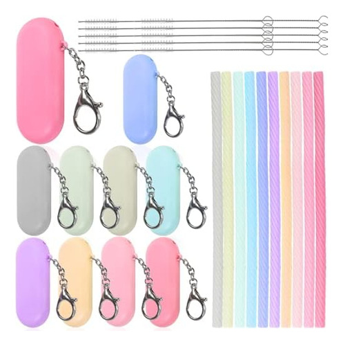 Juego De 10 Popotes De Silicona Con Estuche, Popotes Plegabl