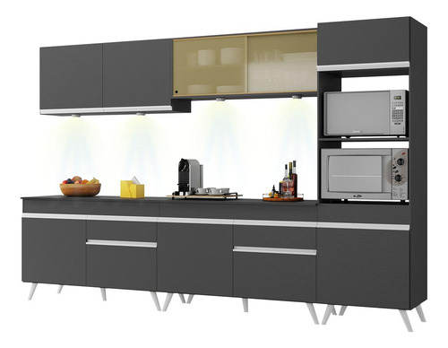 Armário Cozinha Compacta 302cm Veneza Up Multimóveis V2014 Cor Preto/Branco