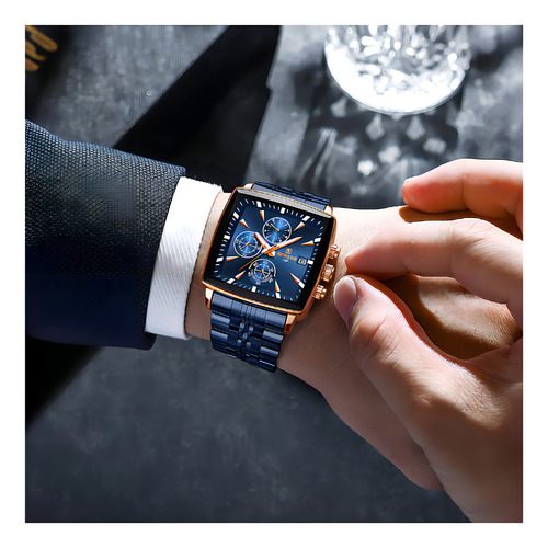 Reloj Cronógrafo Reward Square Quartz Con Calendario Fondo Azul